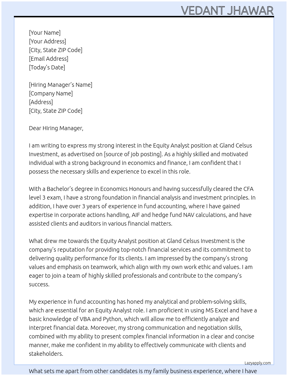 Equity Analyst  At Gland Celsus Investment Cover Letter