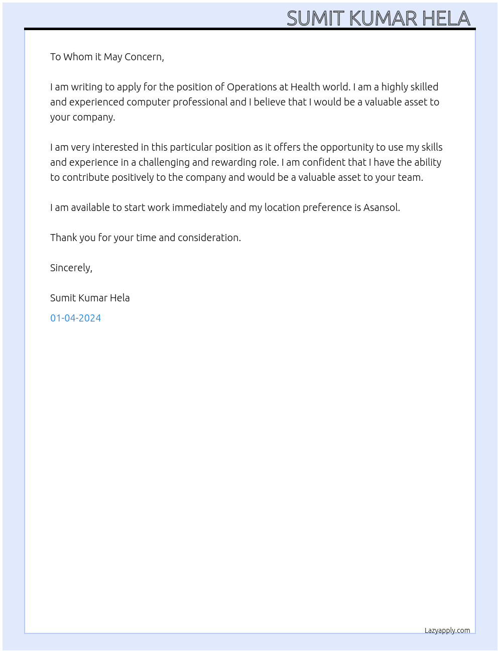 Operations At Health world Cover Letter