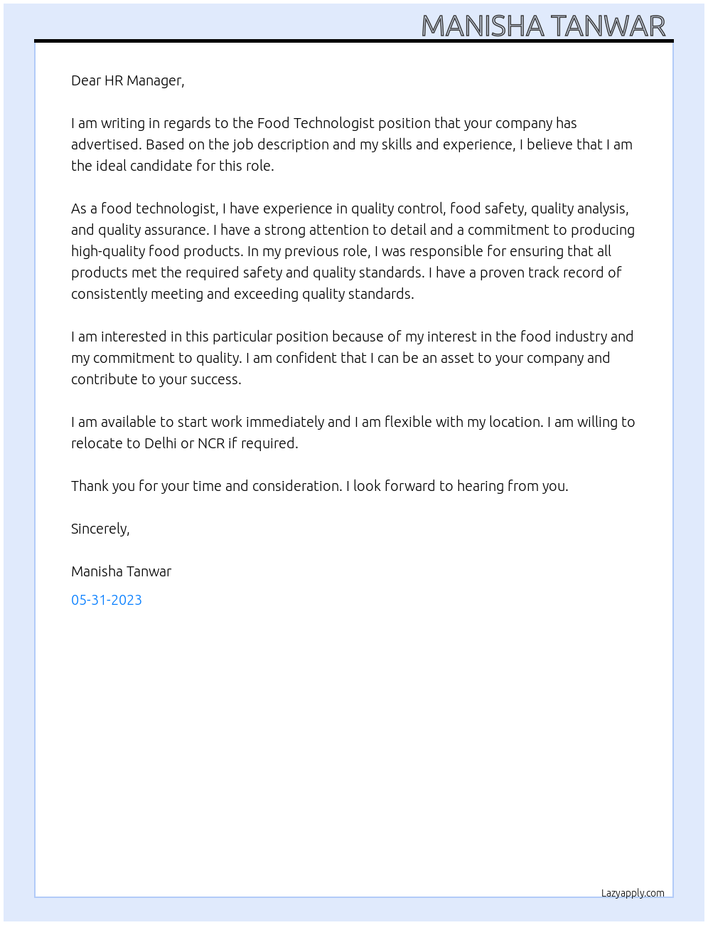 Food Technologist  At Quality council of India, Cargill, Adobe, IFF Cover Letter