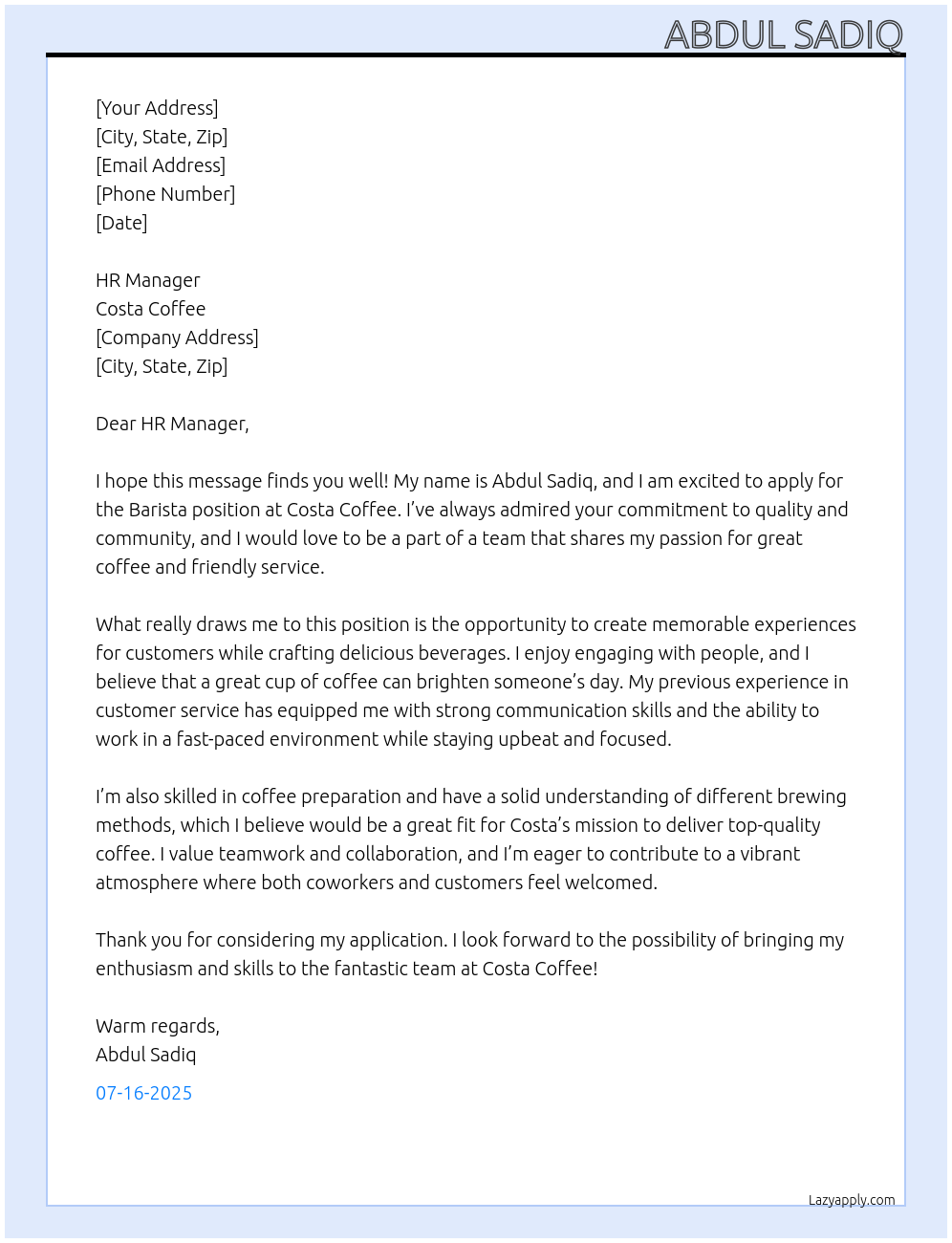 Barista At Costa coffee Cover Letter