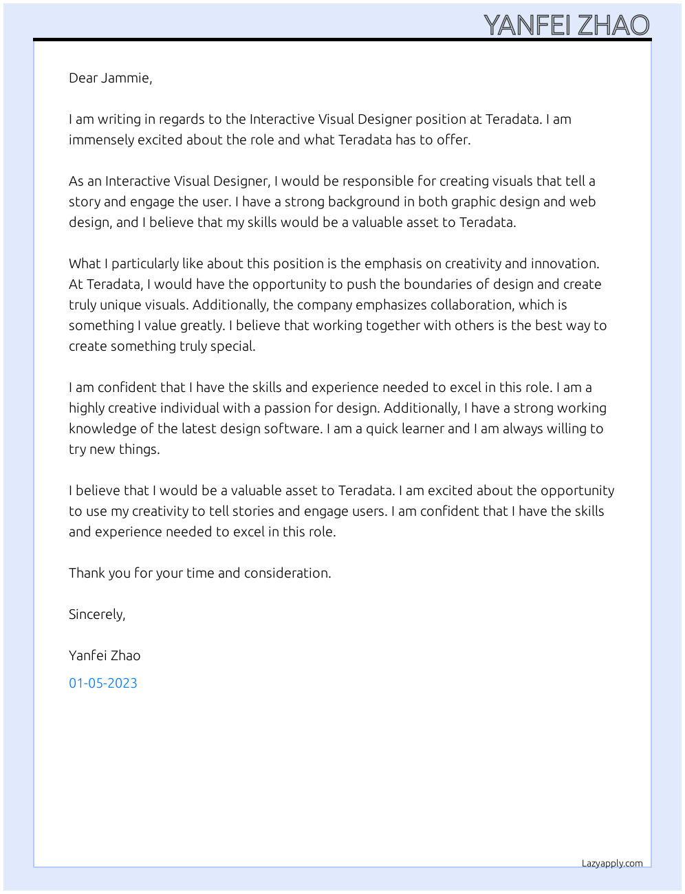 Interactive Visual Designer At Teradata Cover Letter