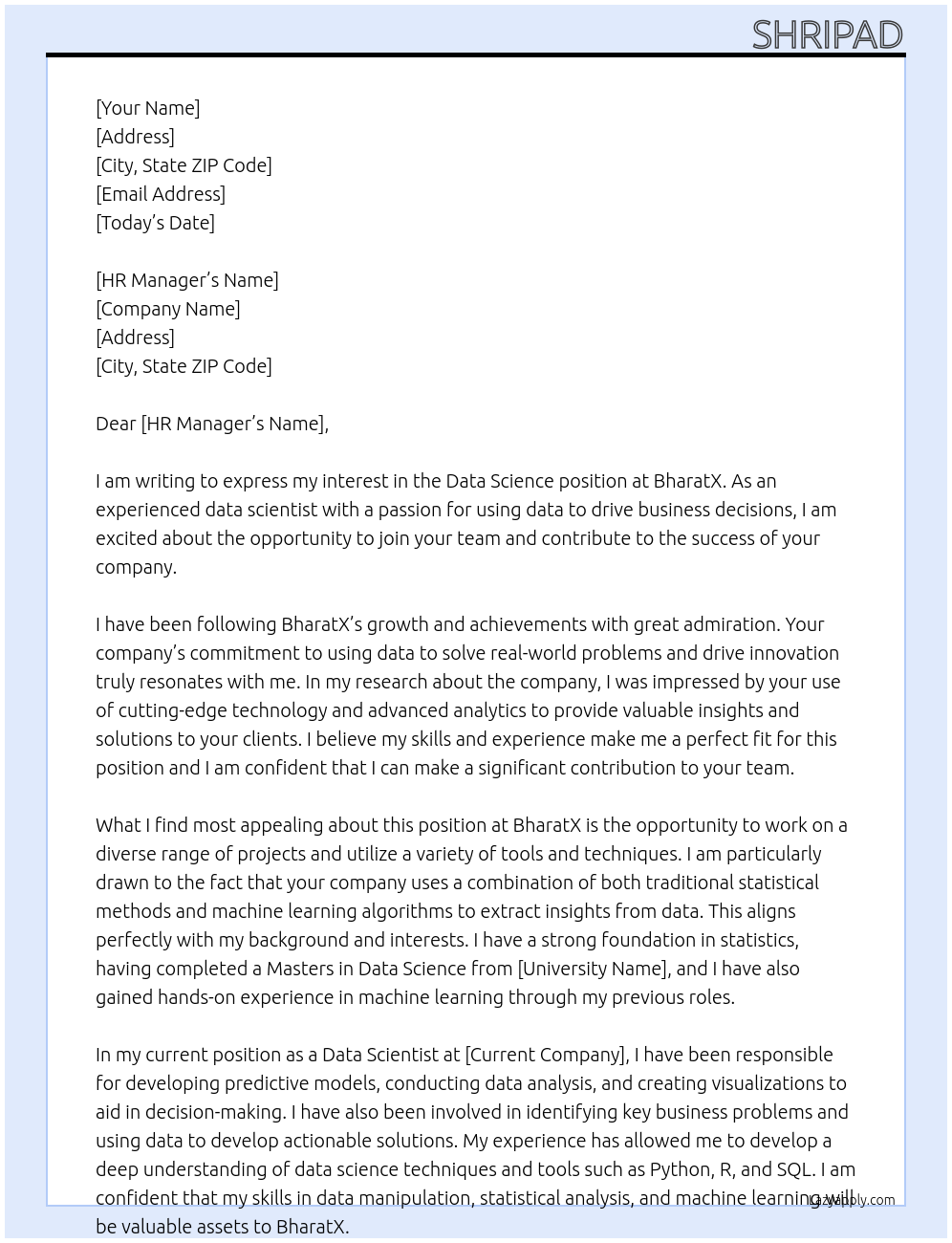 Data Science At BharatX Cover Letter