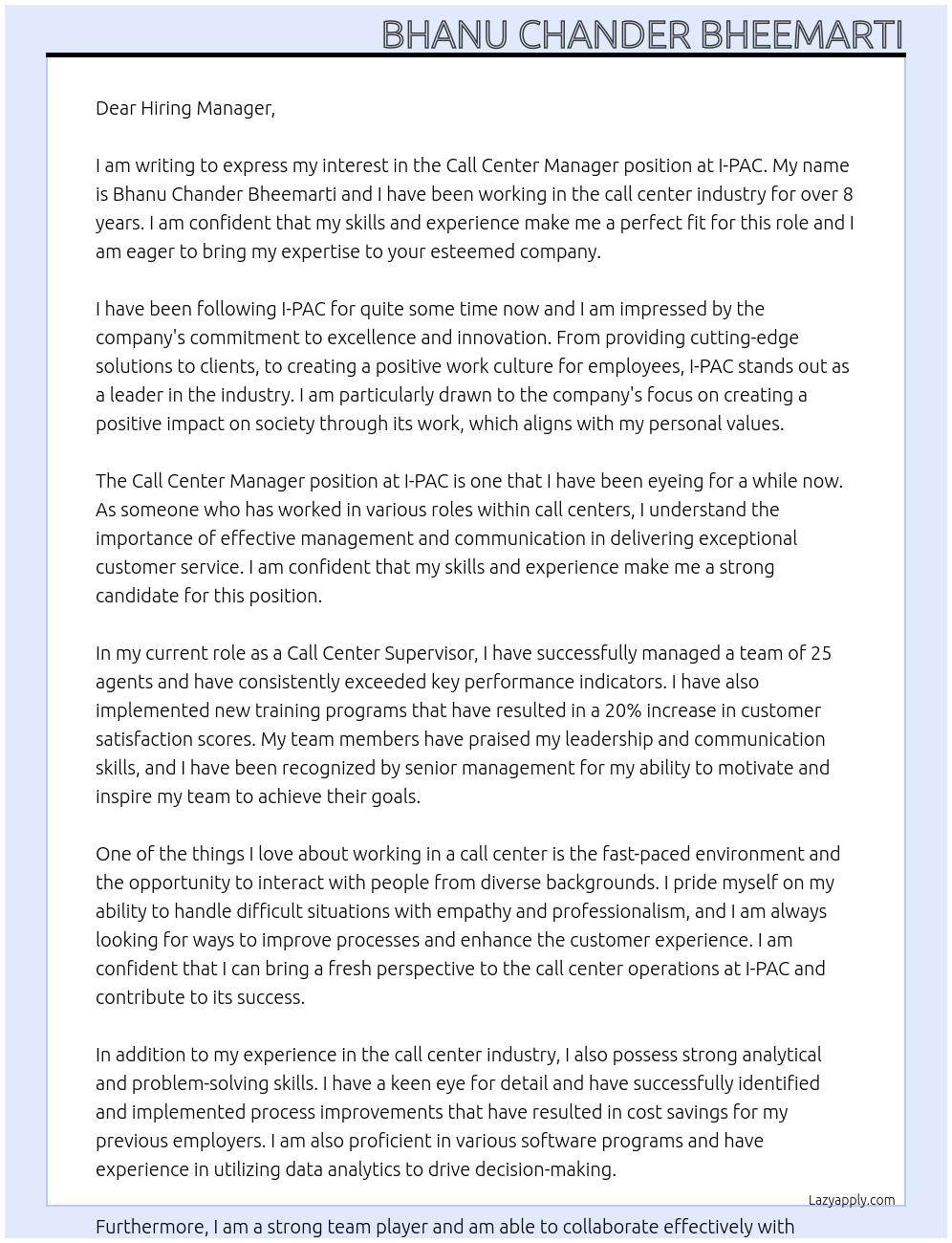 Call Center Manager At I-PAC Cover Letter