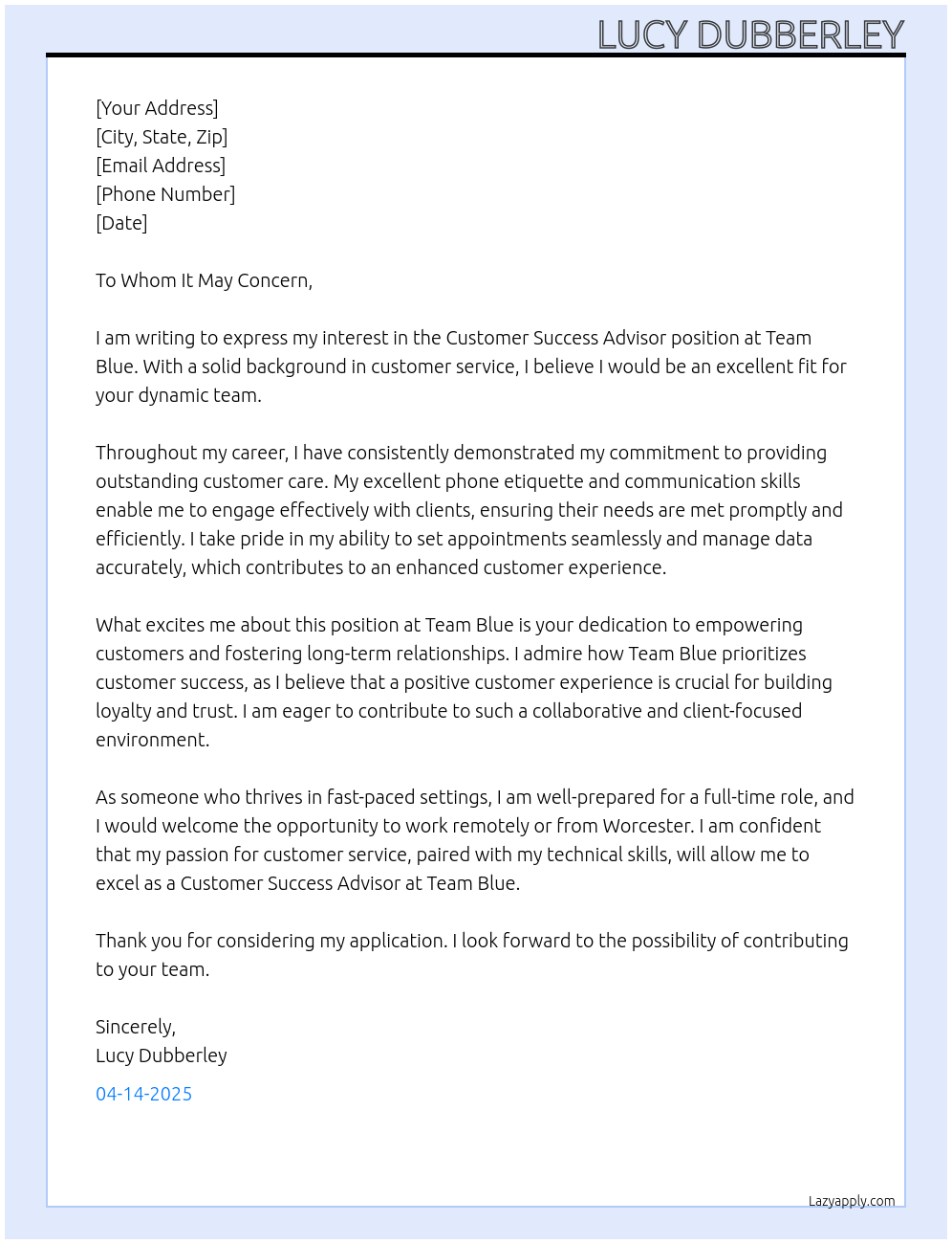 Customer success advisor  At Team blue  Cover Letter