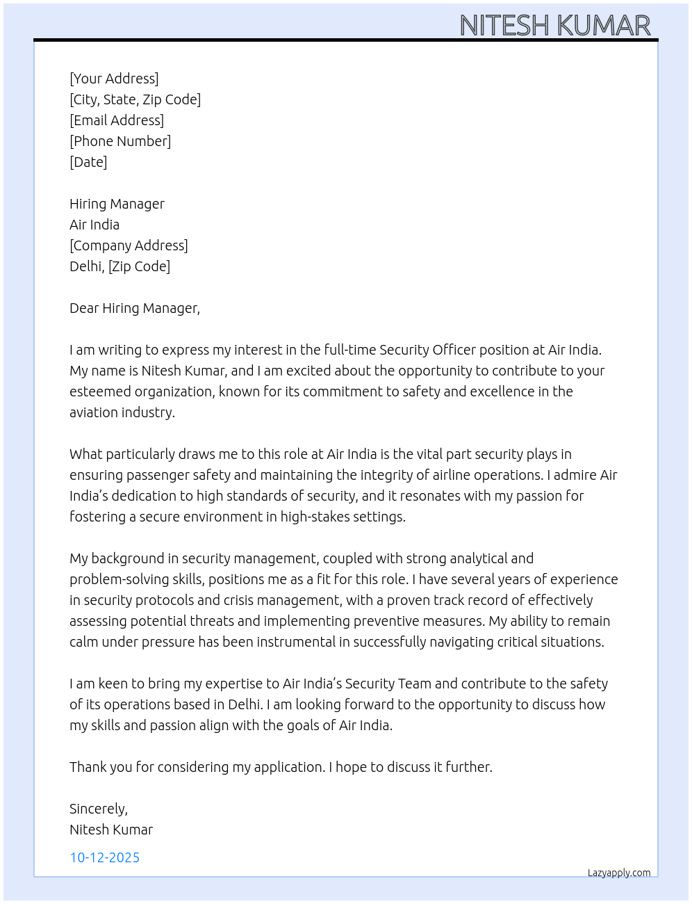 Security Officer  At Air india  Cover Letter