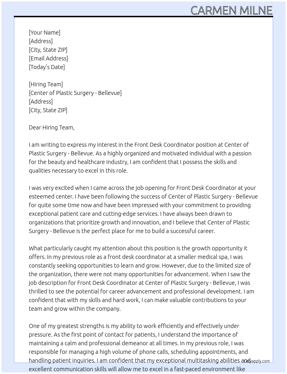 Front Desk Coordinator  At Center of Plastic Surgery - Bellevue Cover Letter