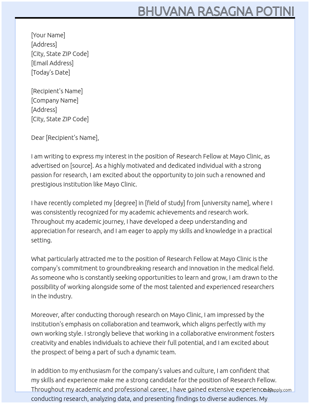 Research Fellow At Mayo Clinic Cover Letter