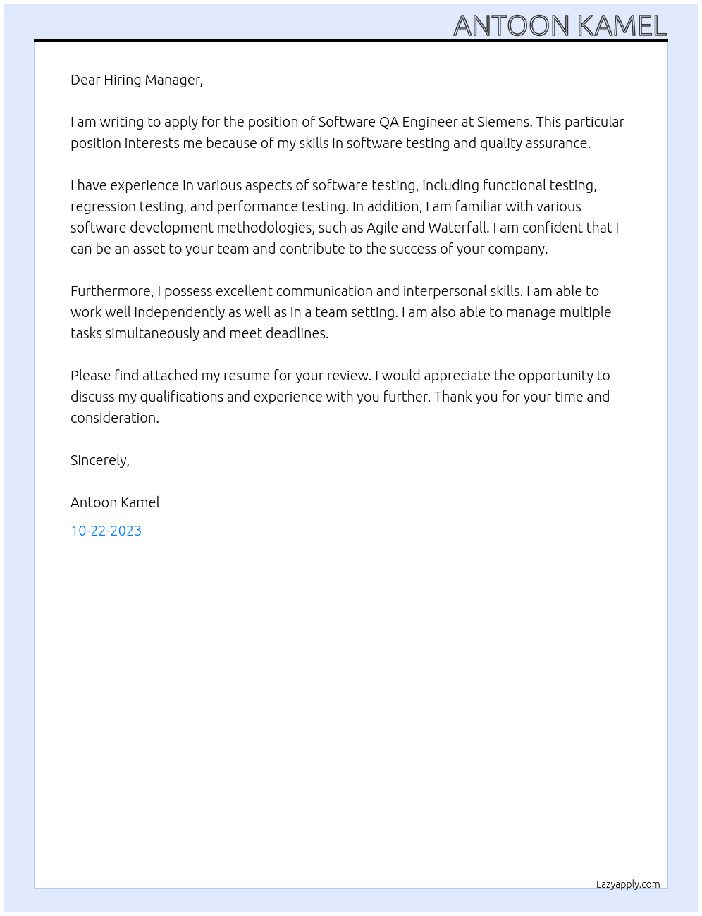 Software QA Engineer At Siemens Cover Letter