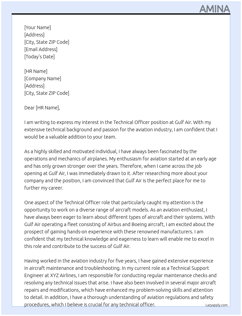 Technical Officer  At Gulf Air  Cover Letter