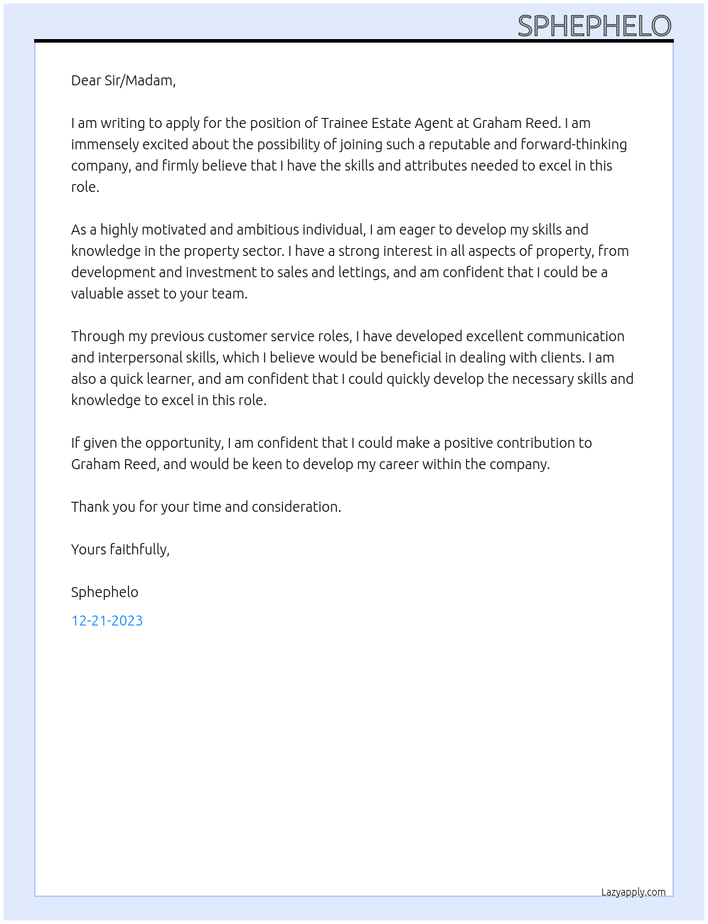 Trainee Estate Agent At Graham Reed Cover Letter