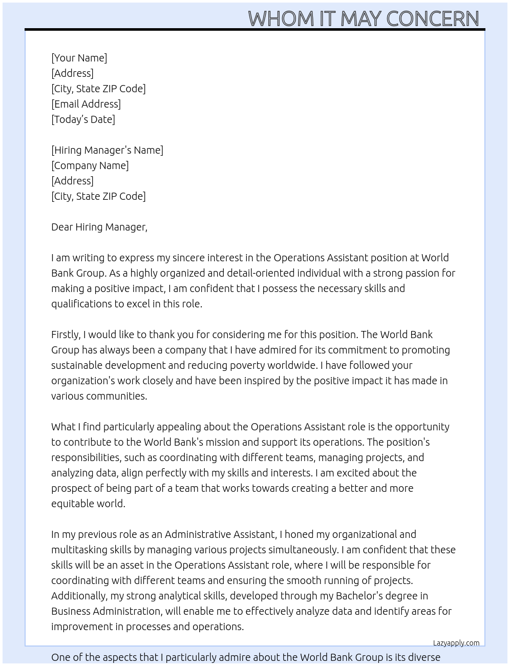 Operations Assistant At World Bank Group Cover Letter