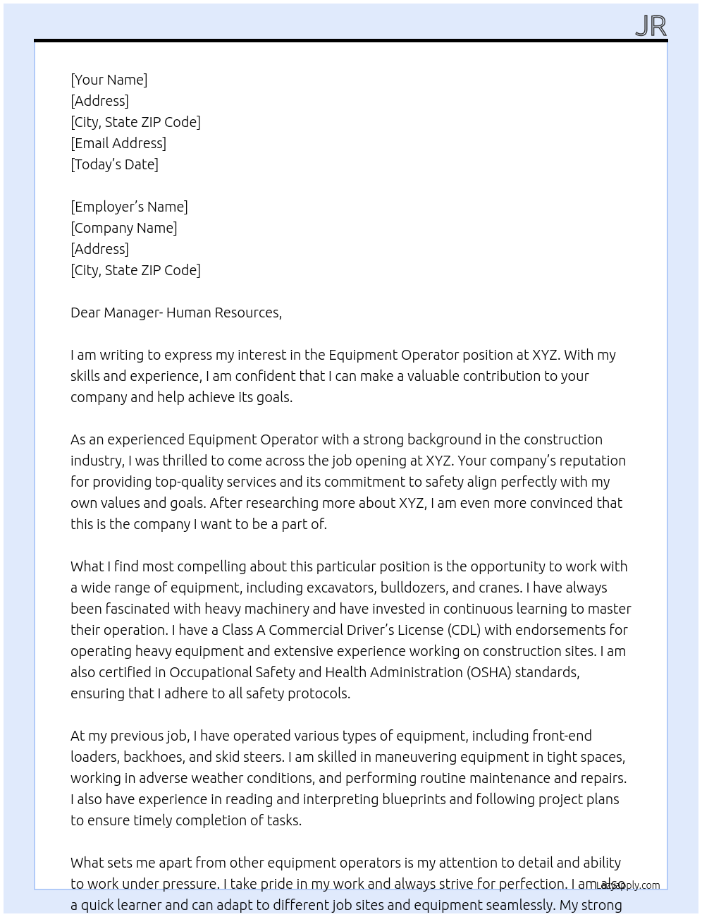 Equipment Operator At XYZ Cover Letter