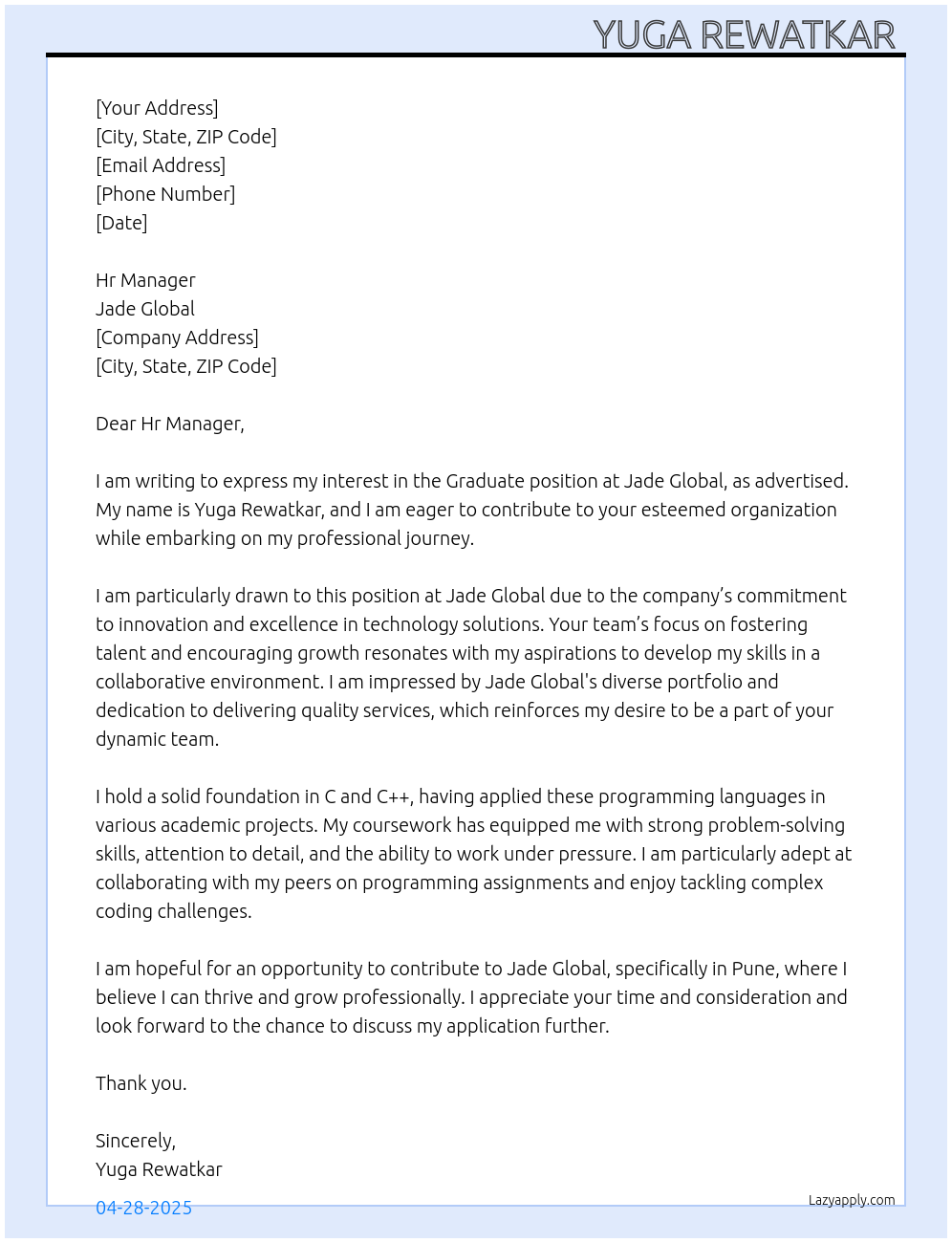 Graduate  At Jade global  Cover Letter