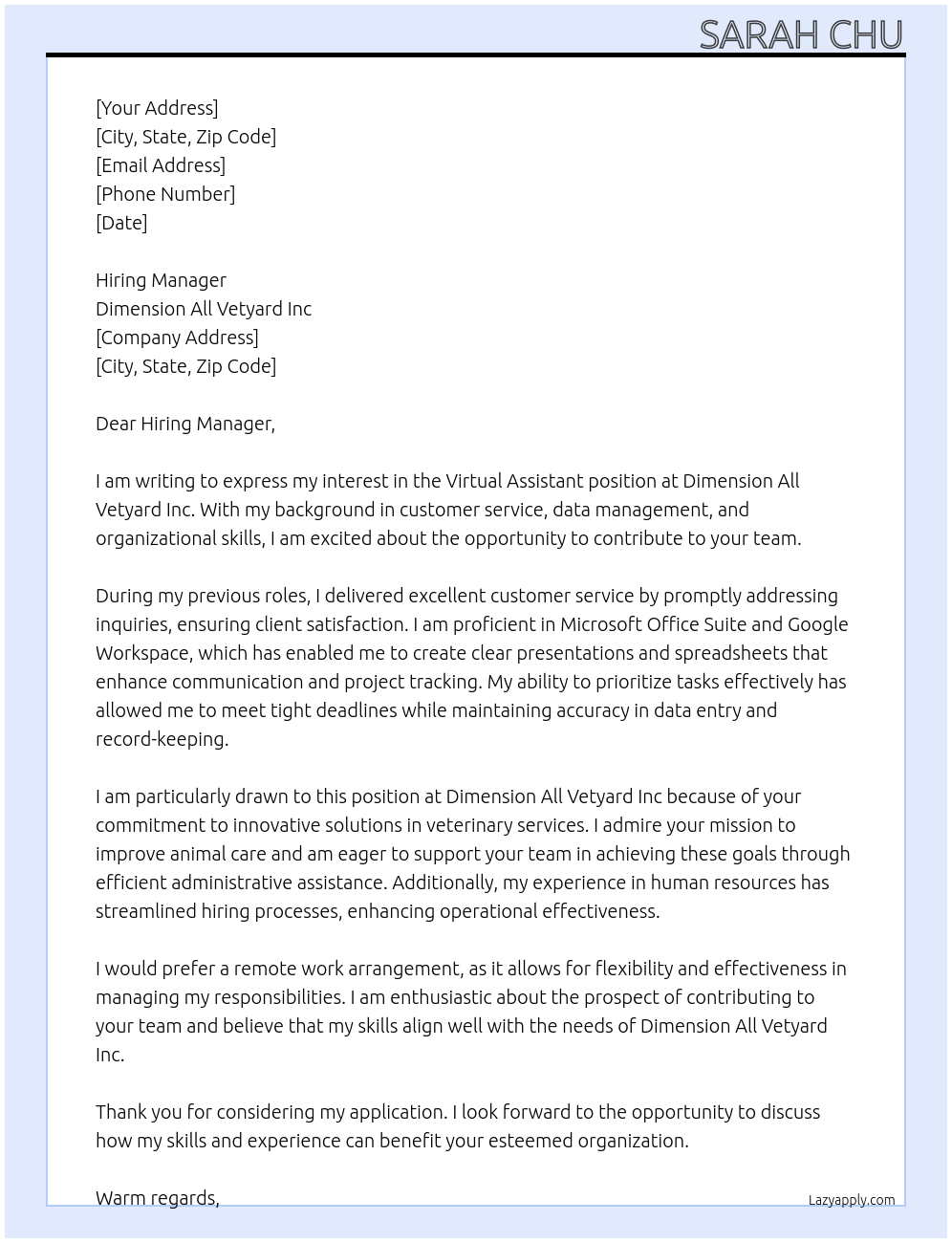 virtual Assistant  At Dimension All Vetyard Inc Cover Letter