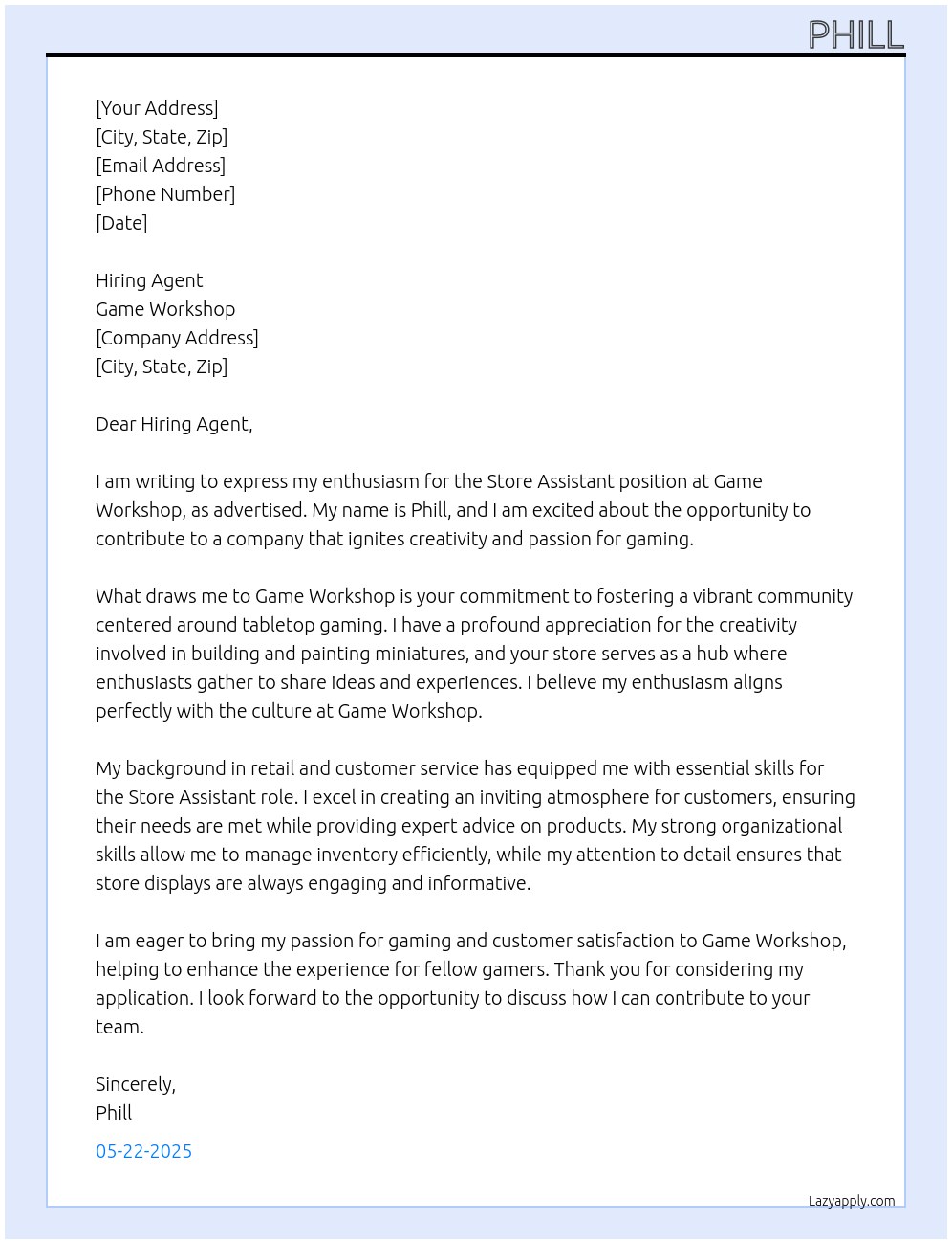 Store Assistant At Game Workshop Cover Letter