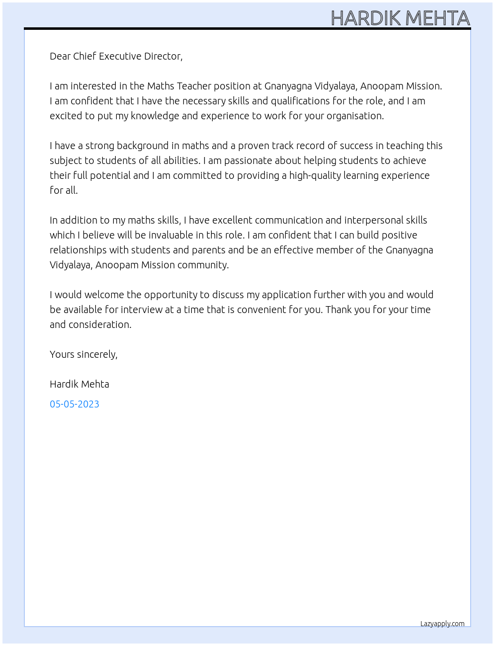 Maths Teacher At Gnanyagna Vidyalaya, Anoopam Mission  Cover Letter