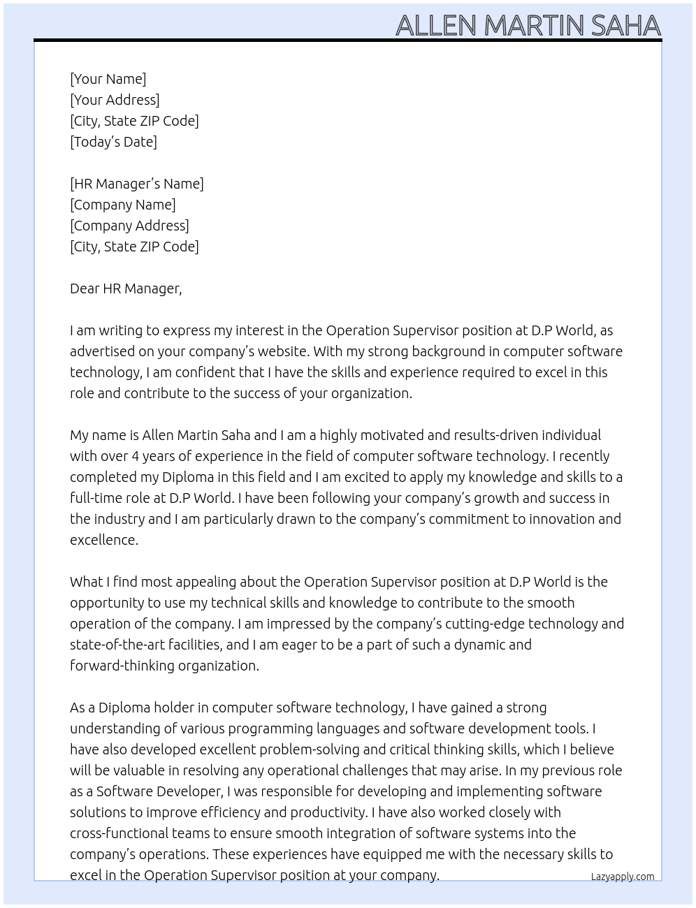 Operation supervisor  At D.P World Cover Letter