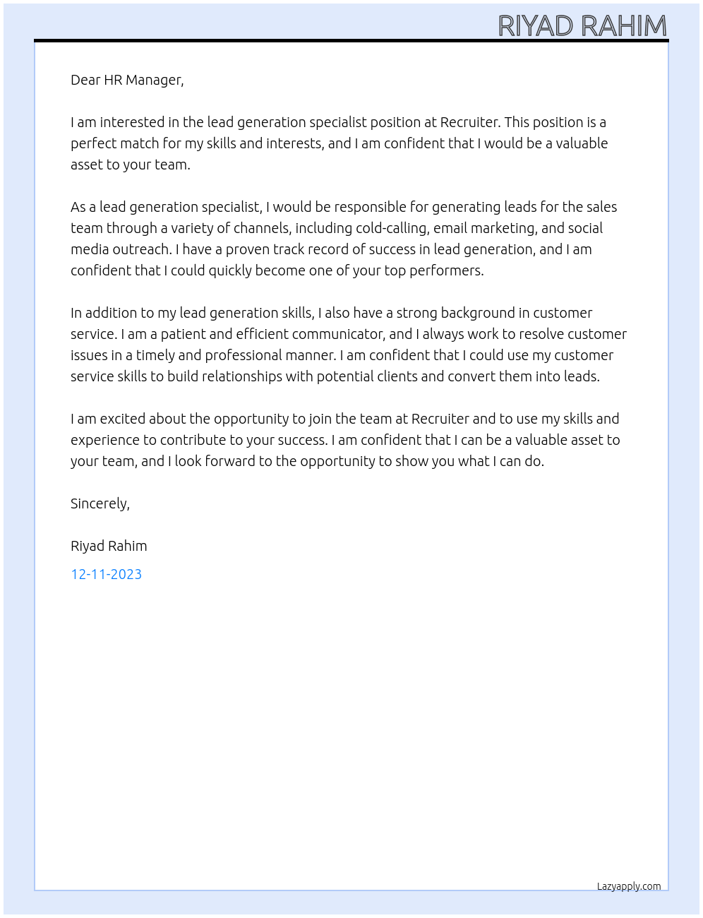 lead generation specialist At Recruiter Cover Letter