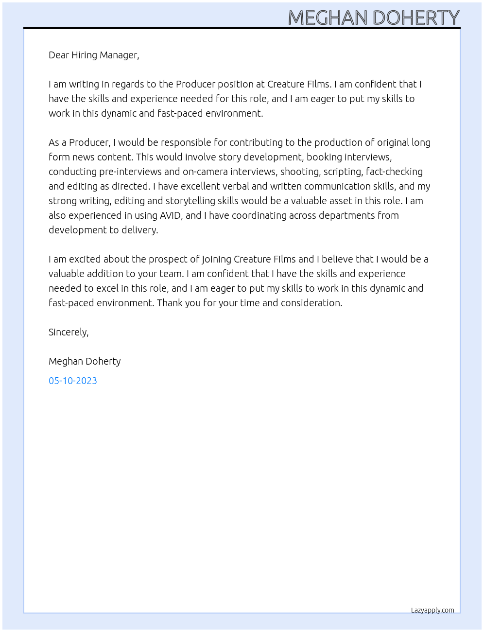 Producer At Creature Films Cover Letter