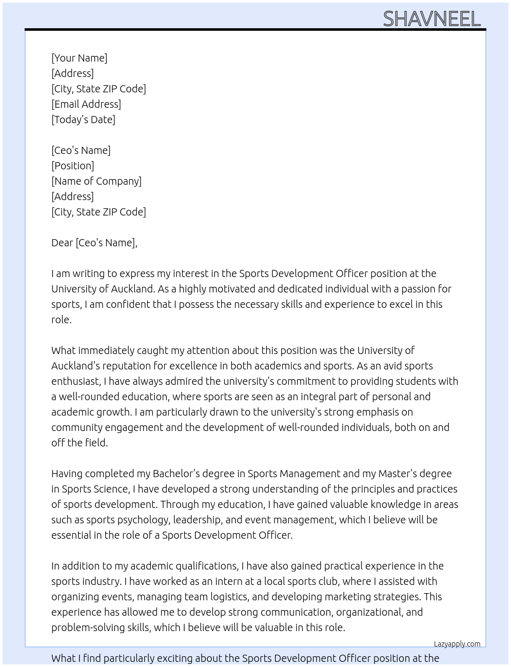 Cover letter for sports development officer - LazyApply