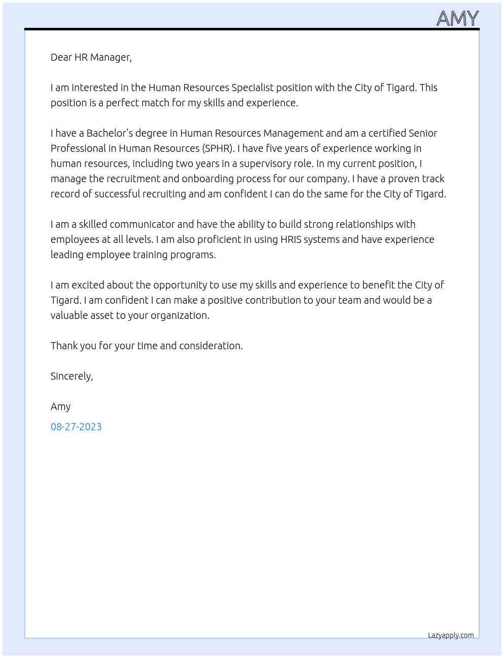 Human Resources Specialist At City of tigard Cover Letter