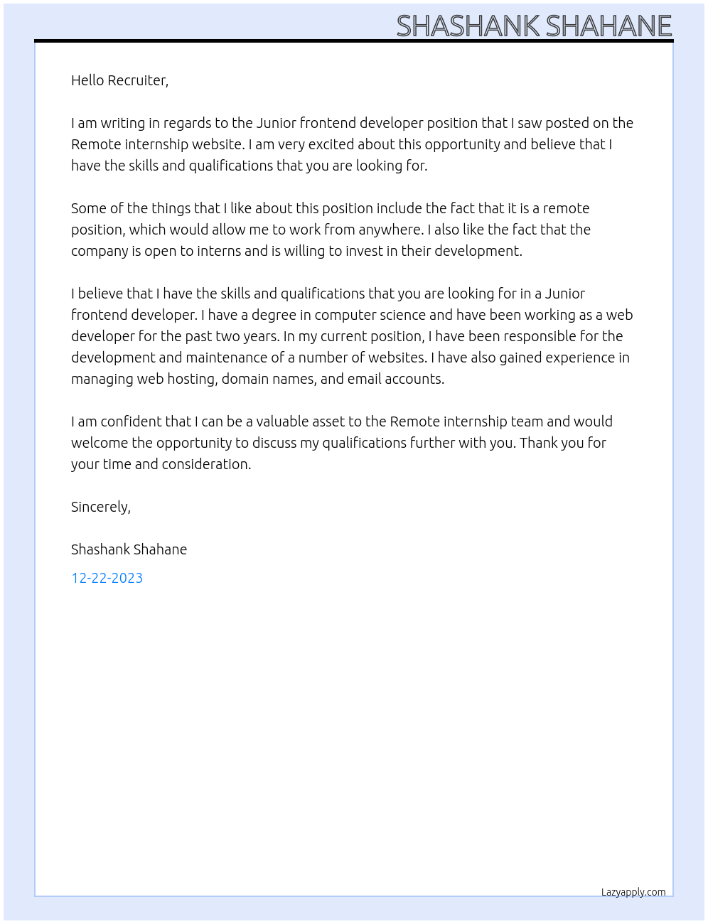 Junior frontend developer At Remote internship Cover Letter