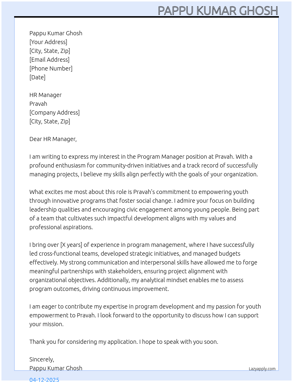 Program manager At Pravah Cover Letter