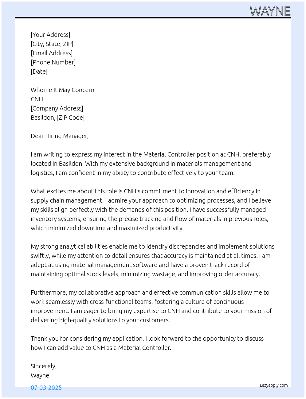 Cover letter for material controller - LazyApply