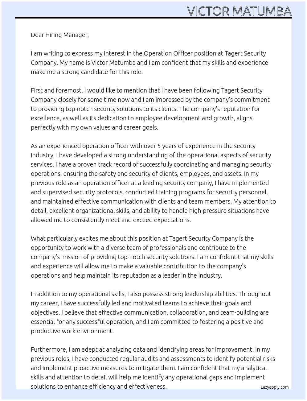 operation officer At Tagert Security Comapny Cover Letter