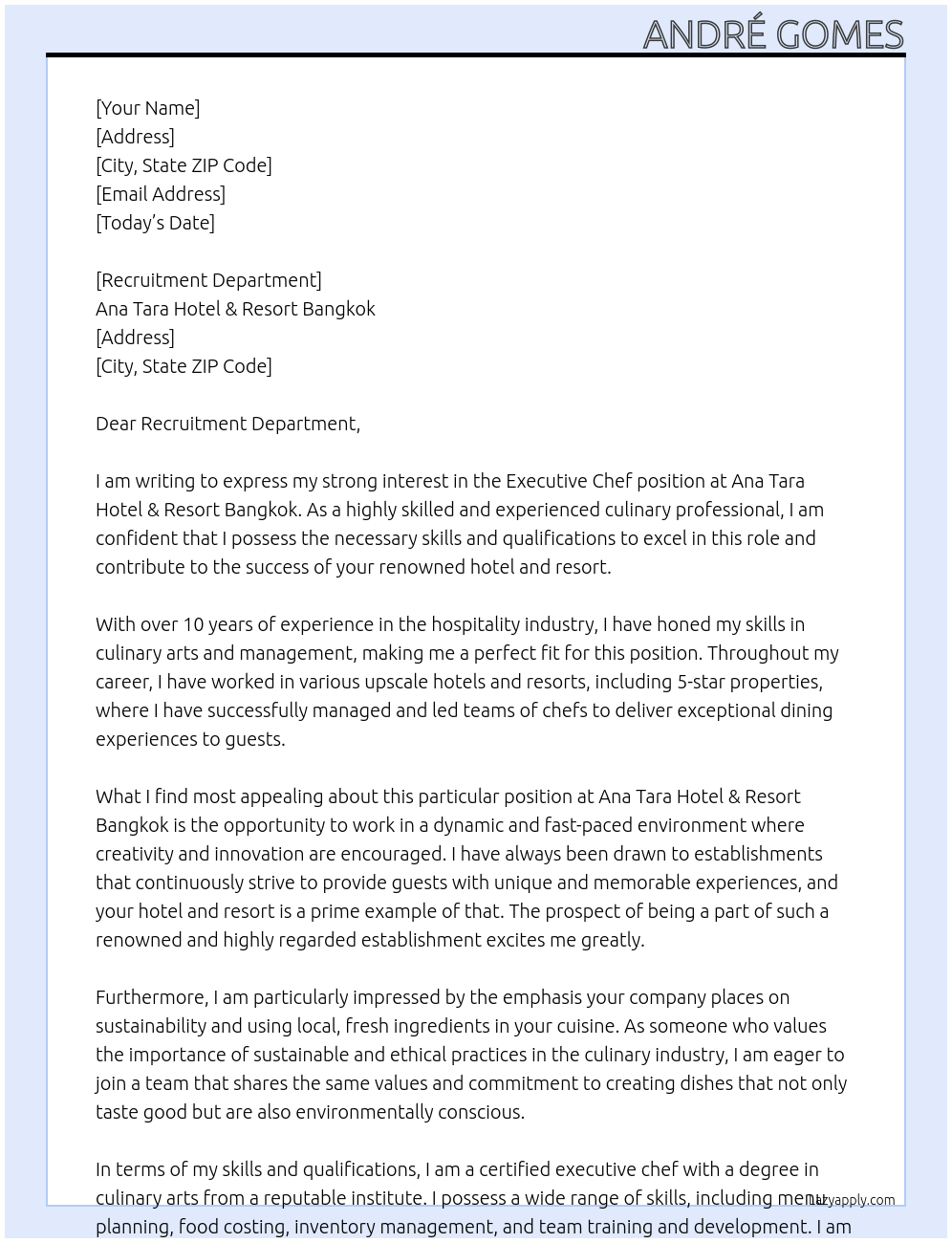 Executive chef At Ana Tara hotel & resort bangkok Cover Letter