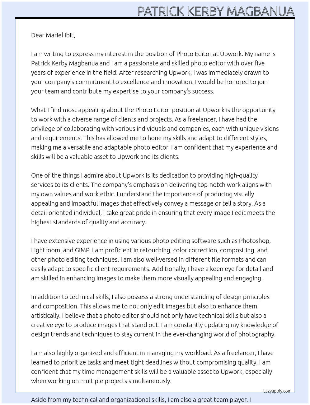 Photo editor At Upwork Cover Letter