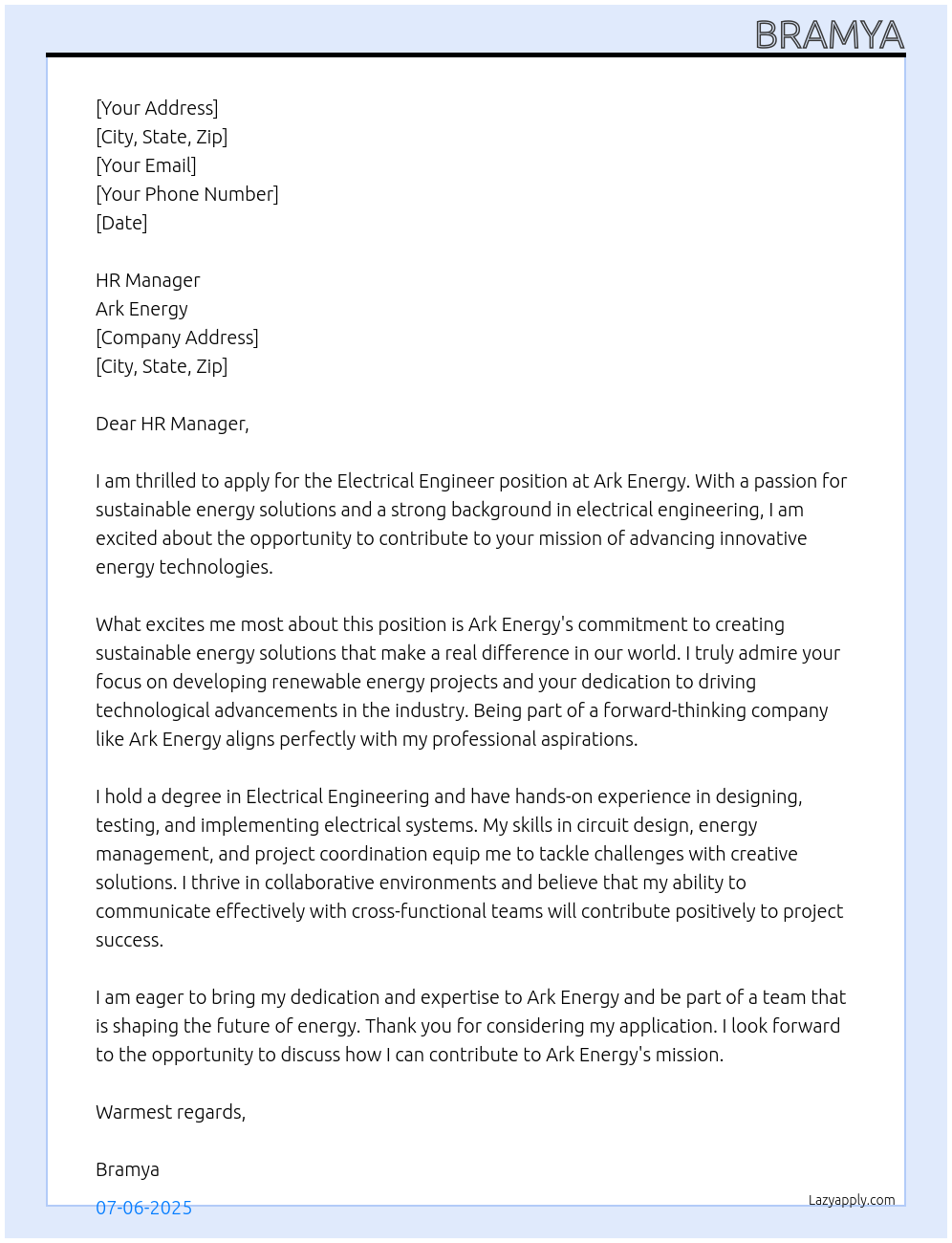 Electrical engineer At Ark Energy Cover Letter