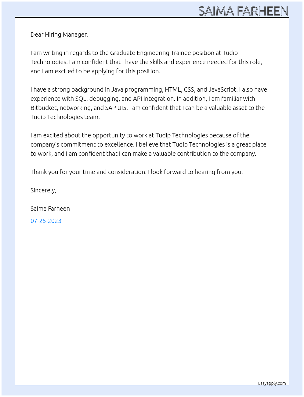 Graduate Engineering Trainee At Tudip Technologies Cover Letter