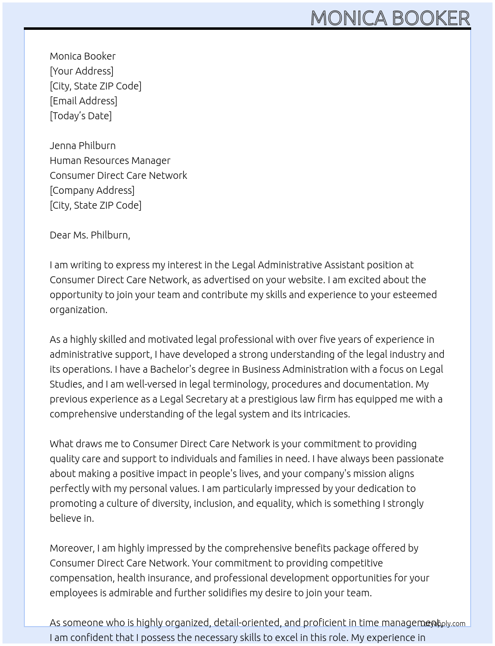 Legal Administrative Assistant At Consumer Direct Care Network Cover Letter