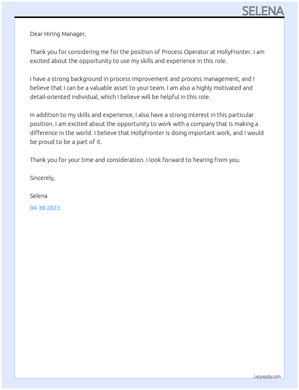 Process Operator At HollyFronter Cover Letter