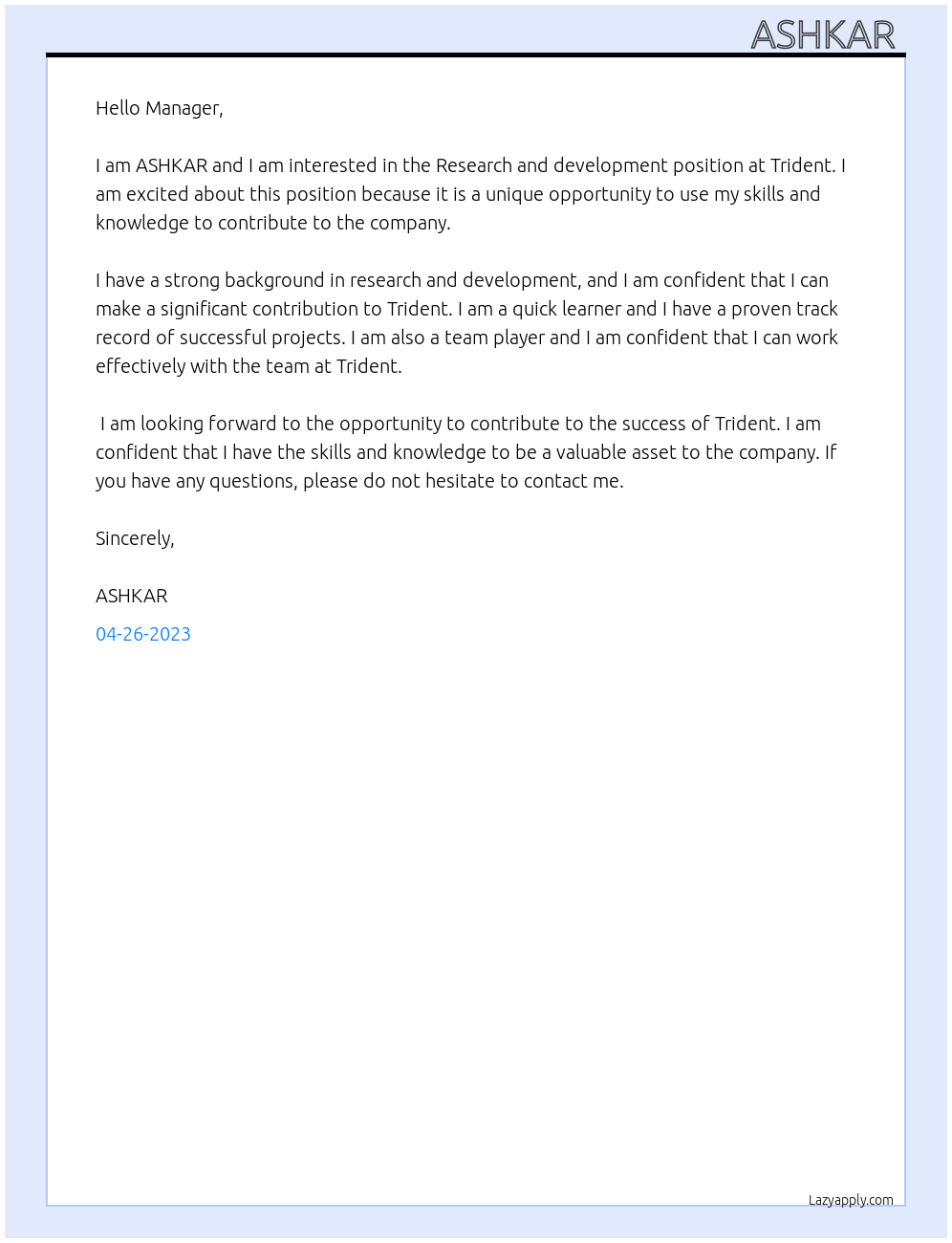 Research and development  At Trident  Cover Letter