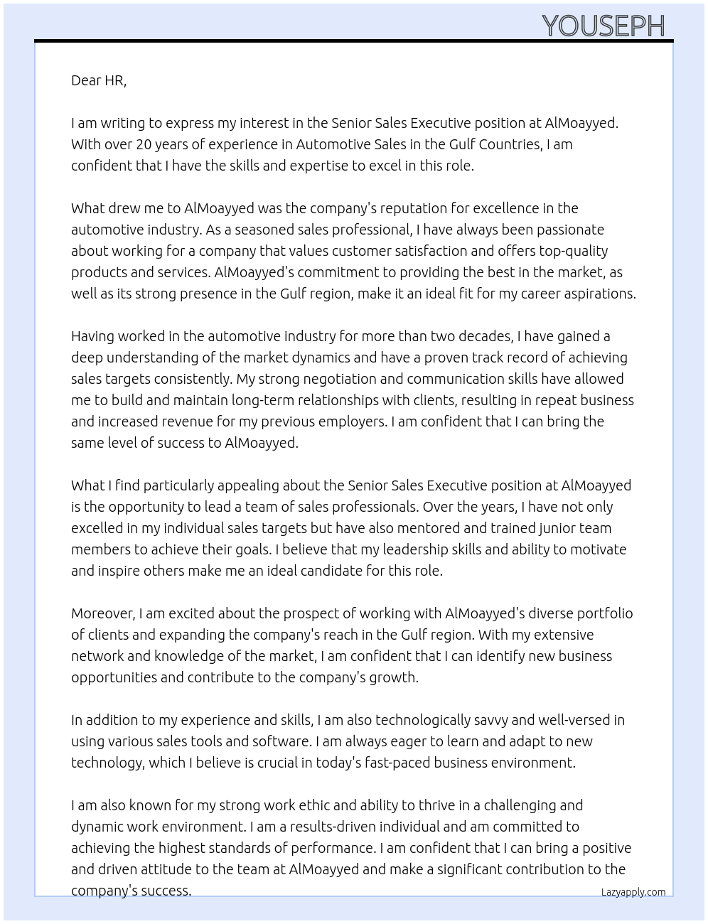 Senior Sales Executive At AlMoayyed Cover Letter