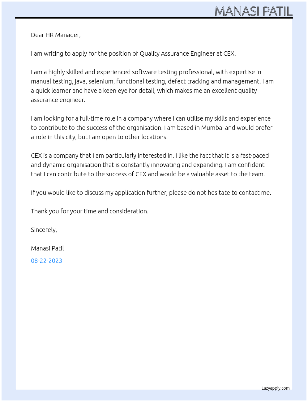 Quality Assurance Engineer At CEX Cover Letter