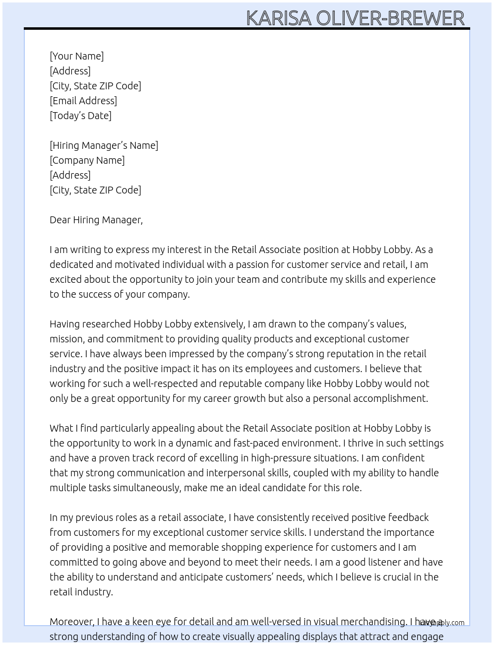 Retail associate  At Hobby Lobby  Cover Letter