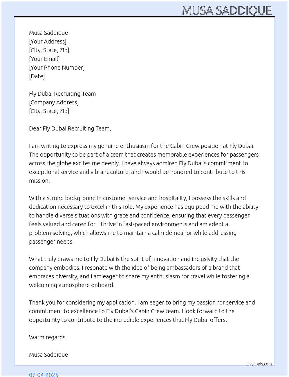 Cabin crew At Fly Dubai Cover Letter