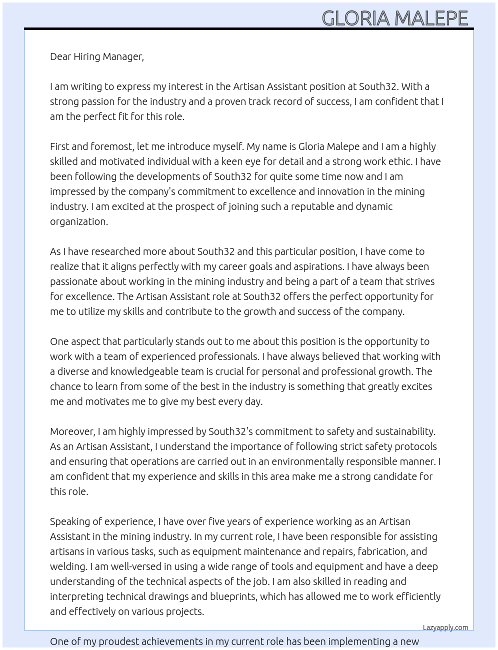 Artisan assistant At South32 Cover Letter