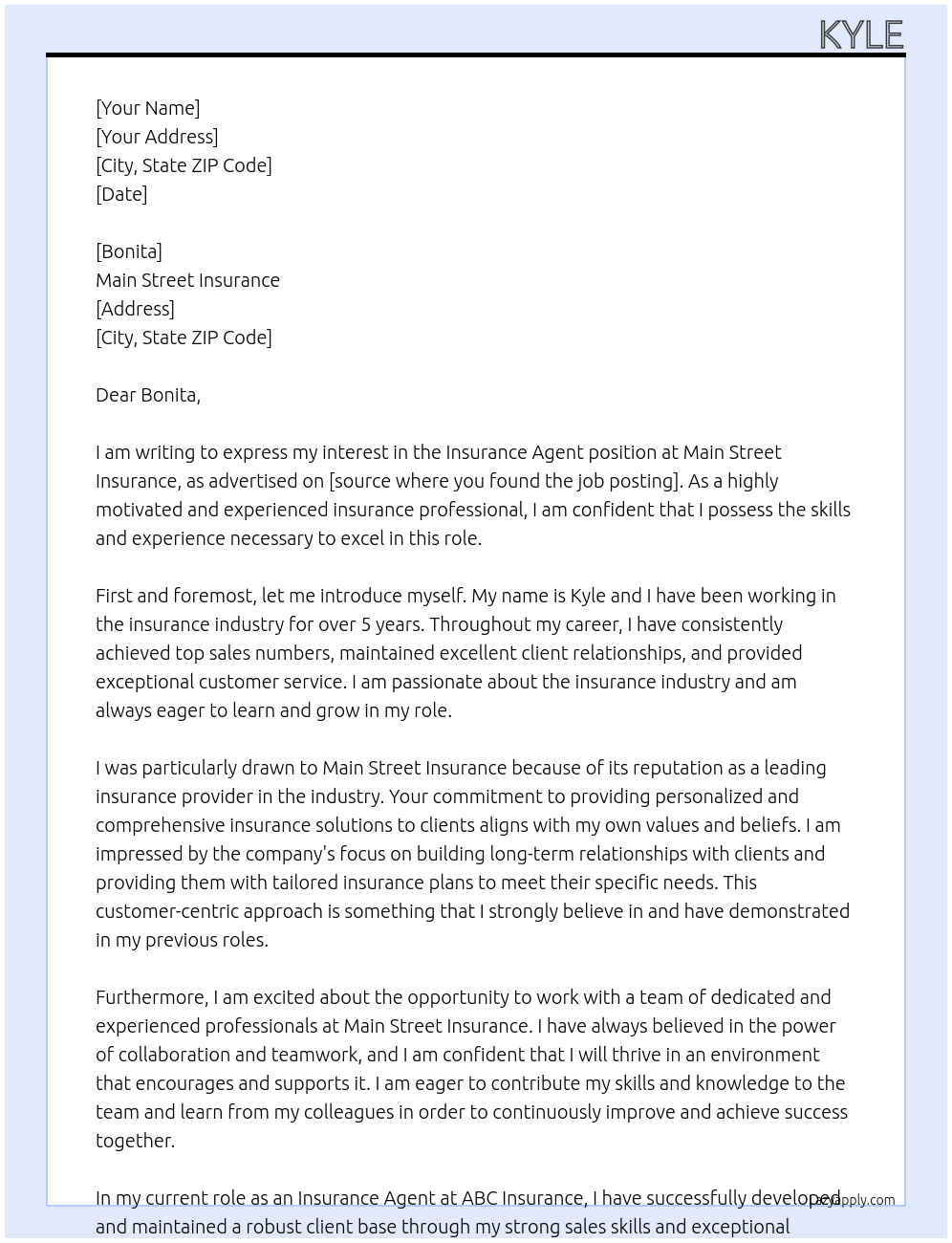 Insurance Agent At Main Street Insurance Cover Letter