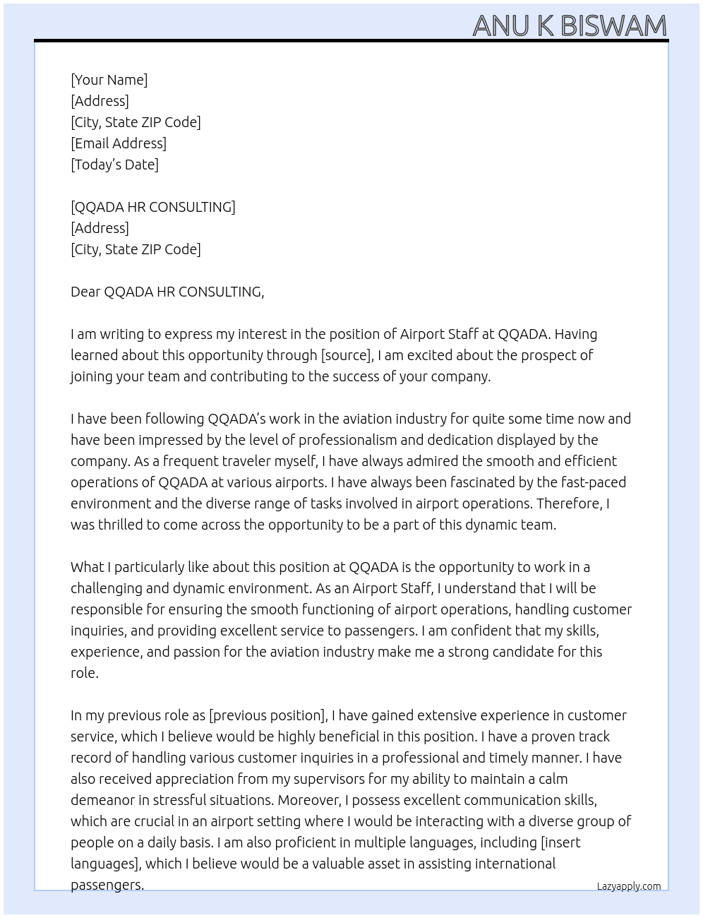 Airport staff At QQADA Cover Letter