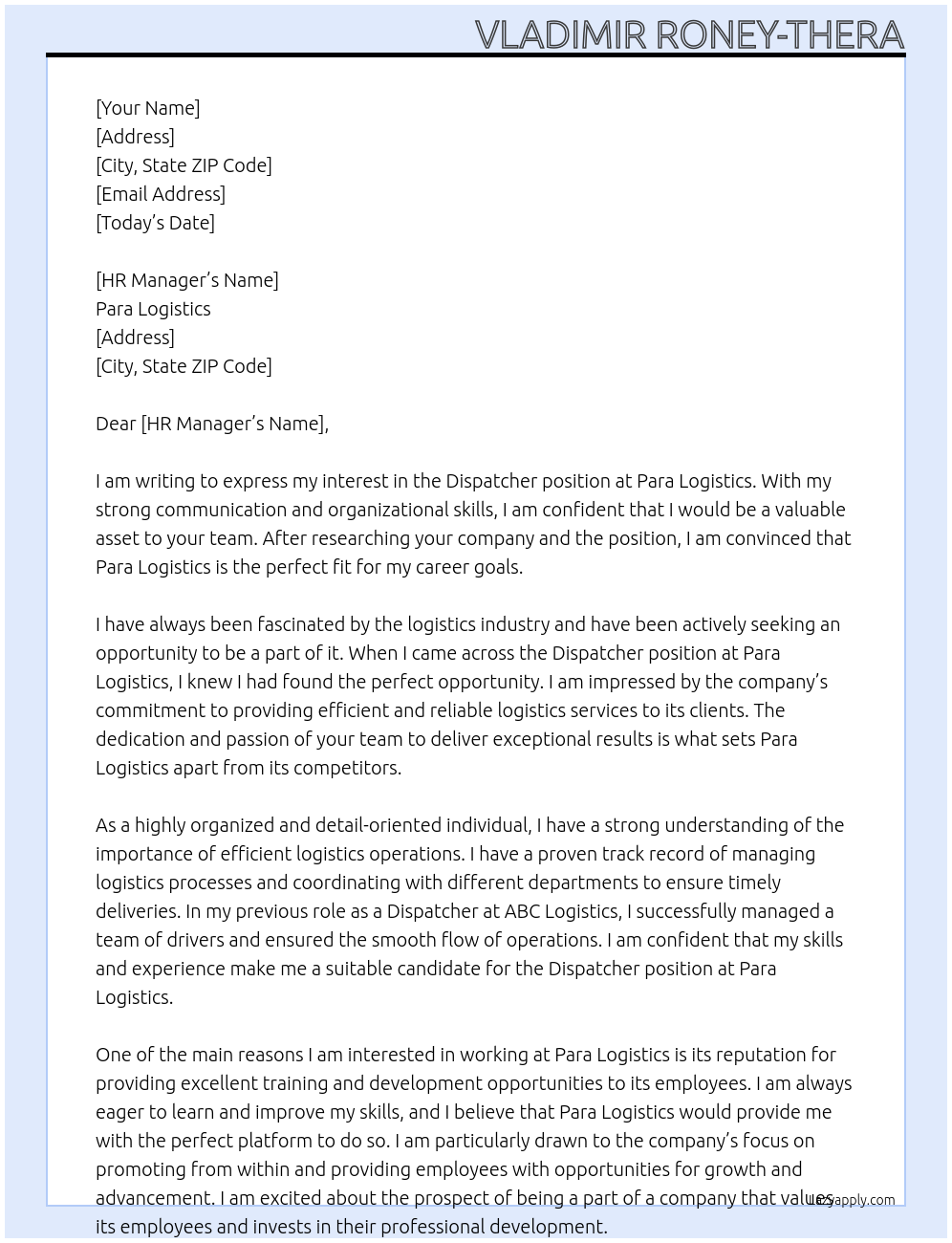 Dispatcher At Para Logistics Cover Letter