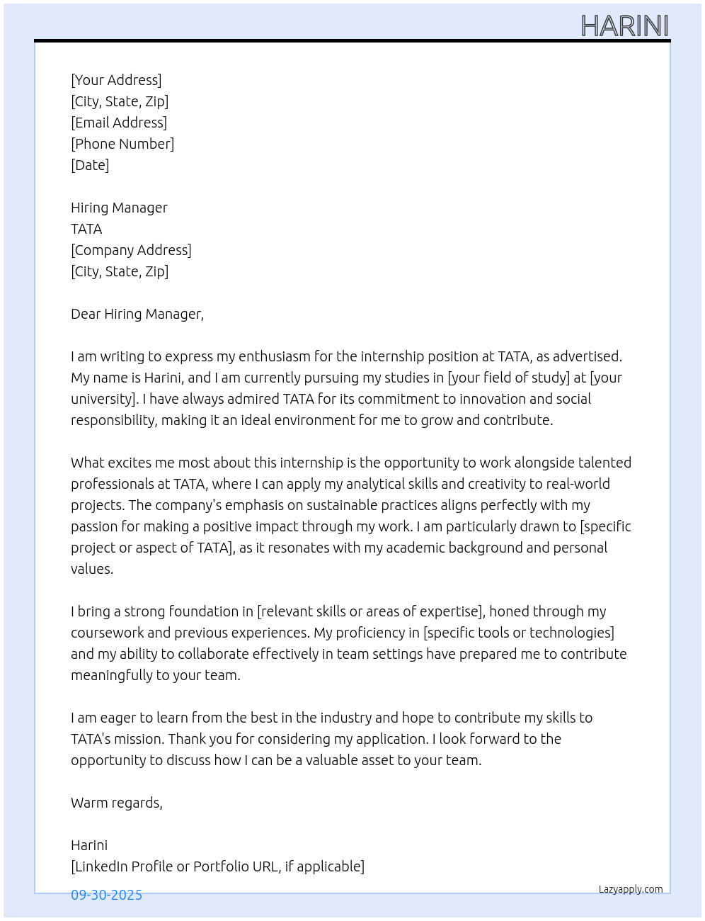 internship At TATA Cover Letter