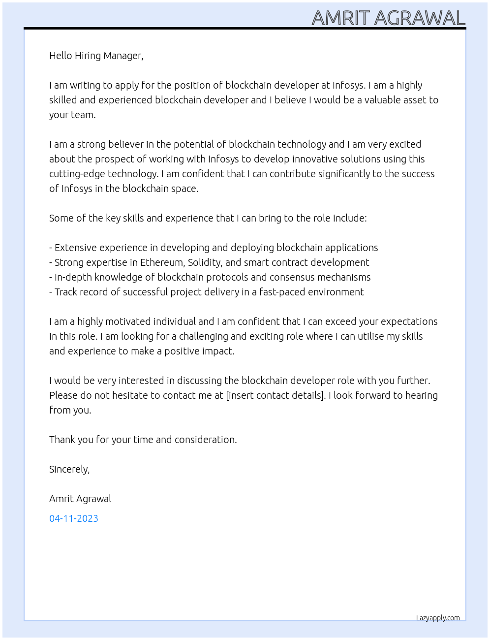 blockchain developer At Infosys Cover Letter