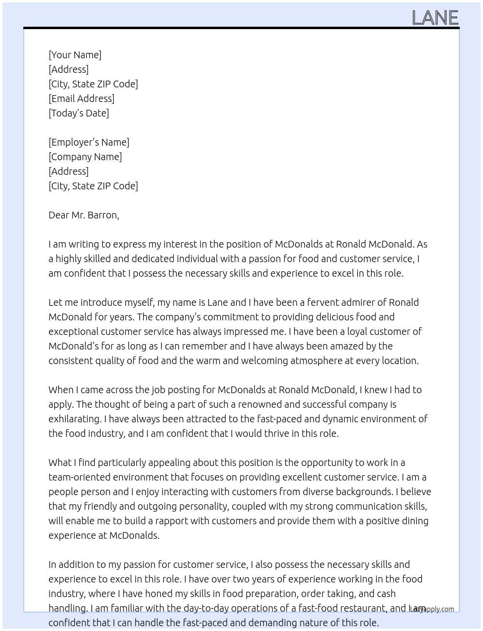 McDonalds At ronald mcdonald Cover Letter