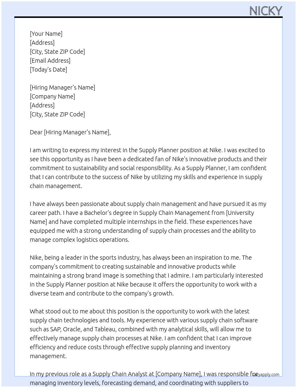 Supply planner At Nike Cover Letter