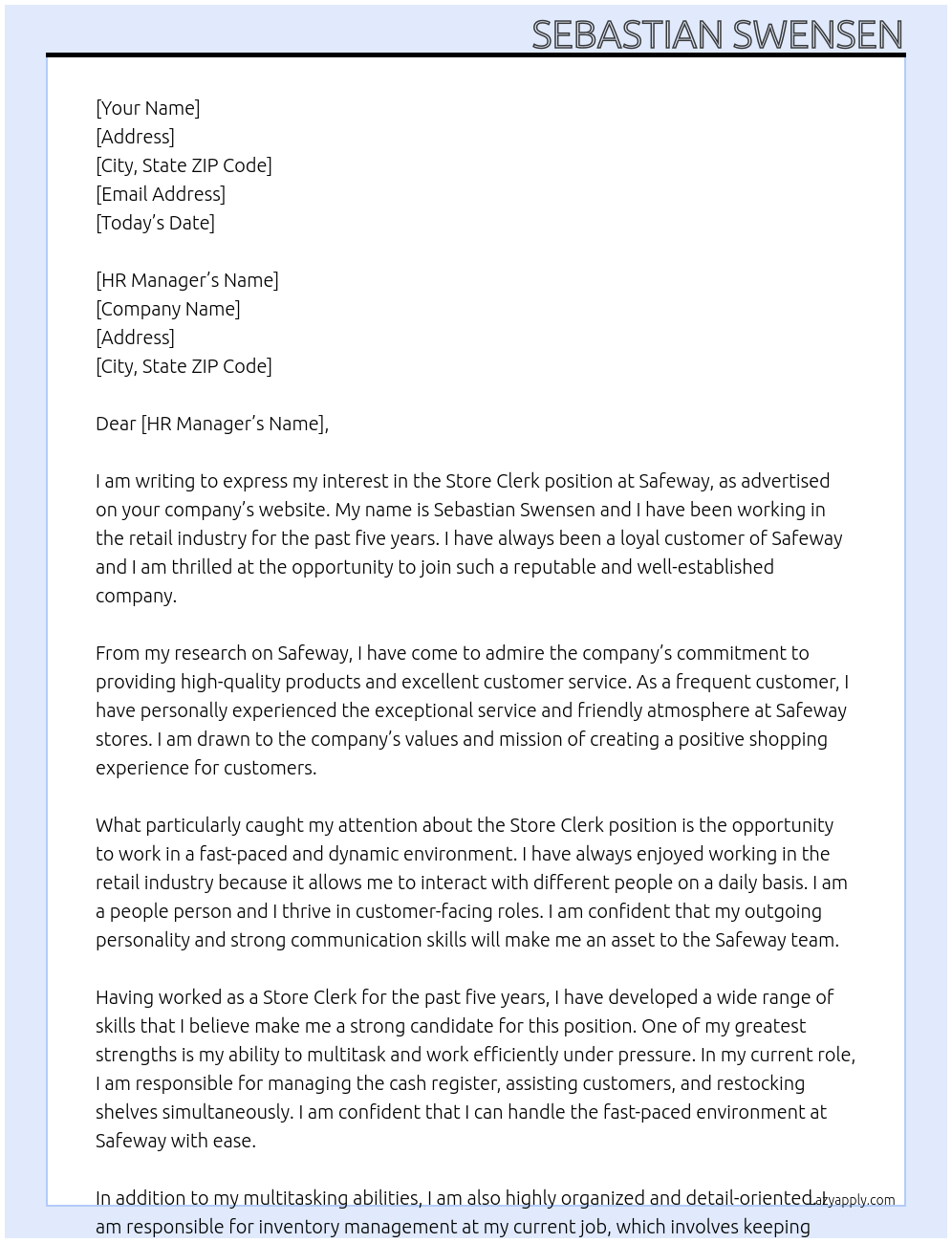 Store clerk At Safeway Cover Letter