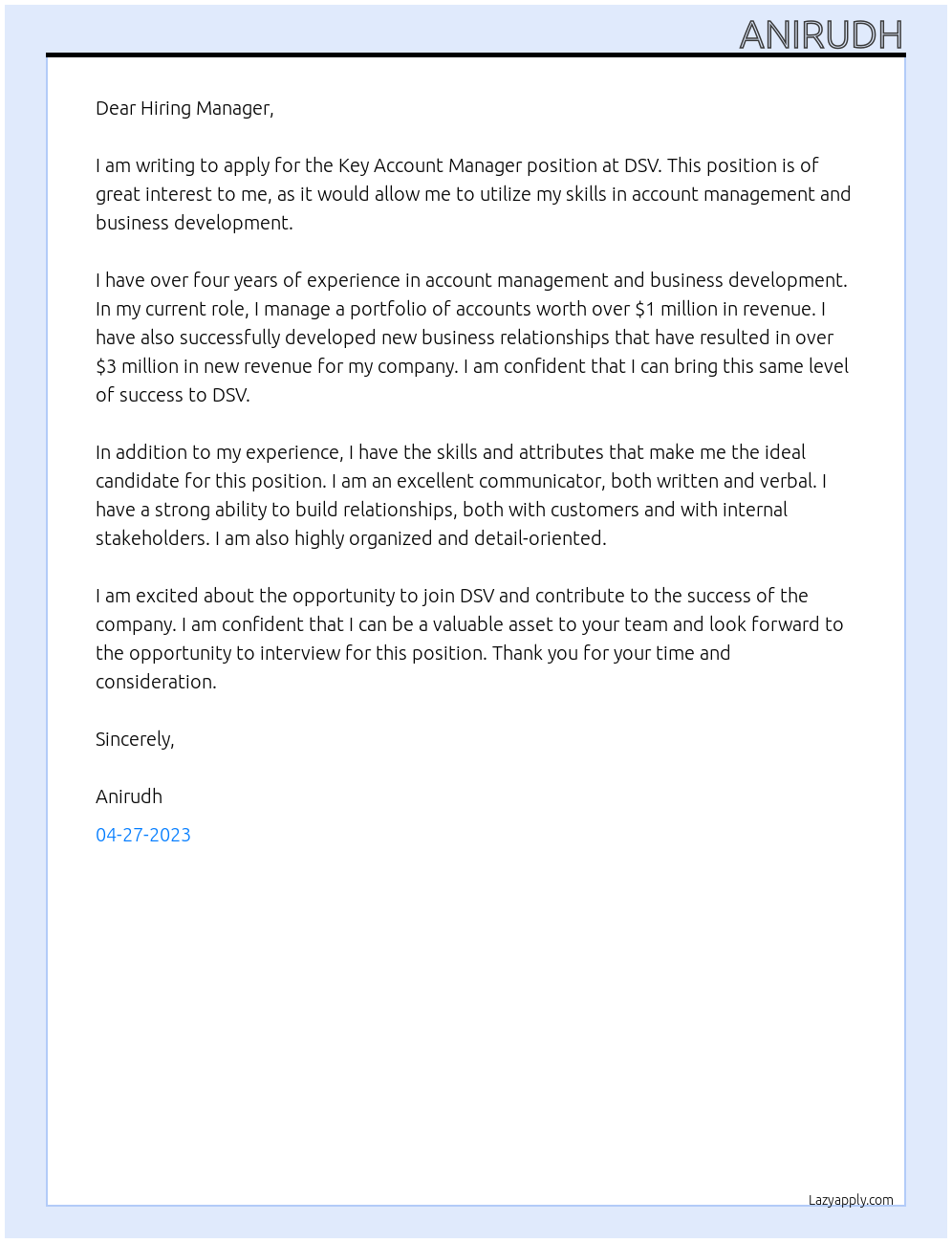 Key Account Manager At DSV Cover Letter